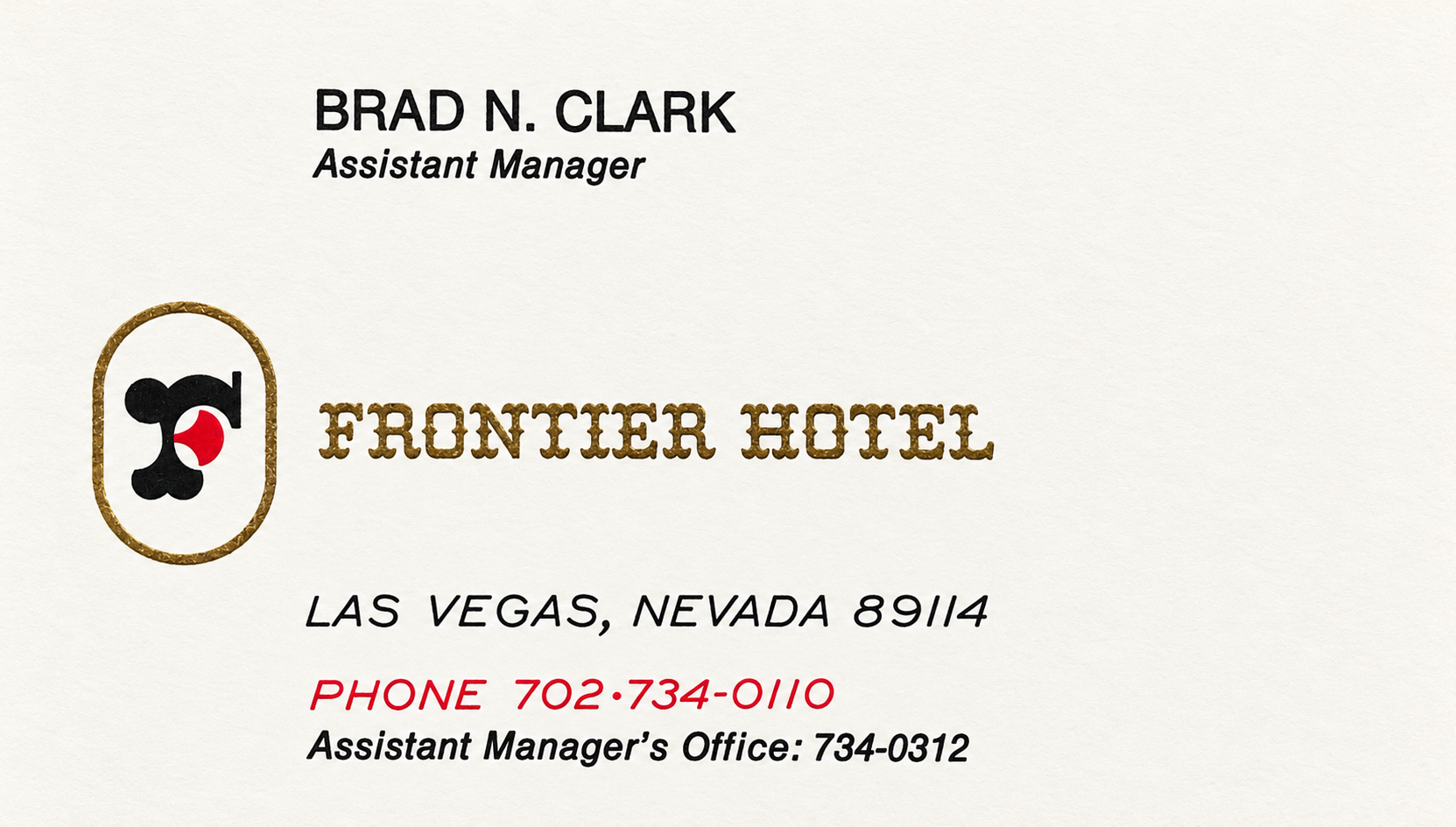 Brad Clark original Frontier Hotel Assistant Manager business card