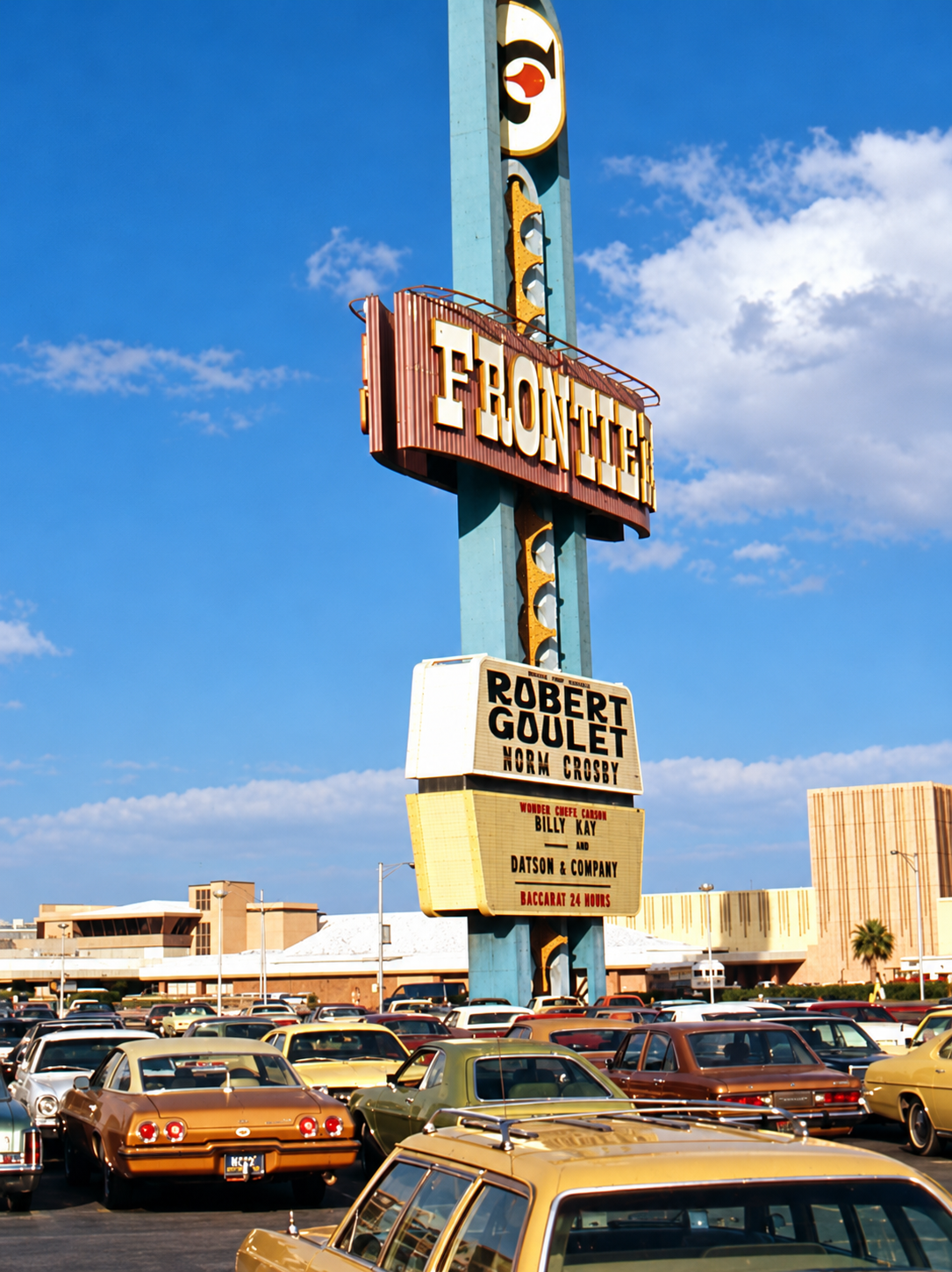 Historic Frontier Hotel sign in Las Vegas featuring Robert Goulet